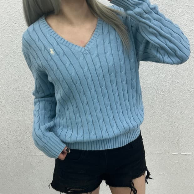 폴로 랄프로렌 화이트포니 베이비블루 꽈배기 브이니트 L