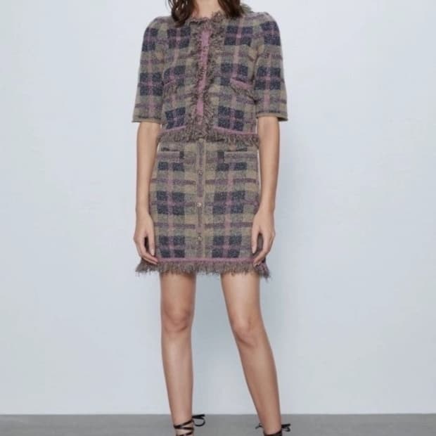 ZARA 자라 체크 니트 가디건 트위드 자켓