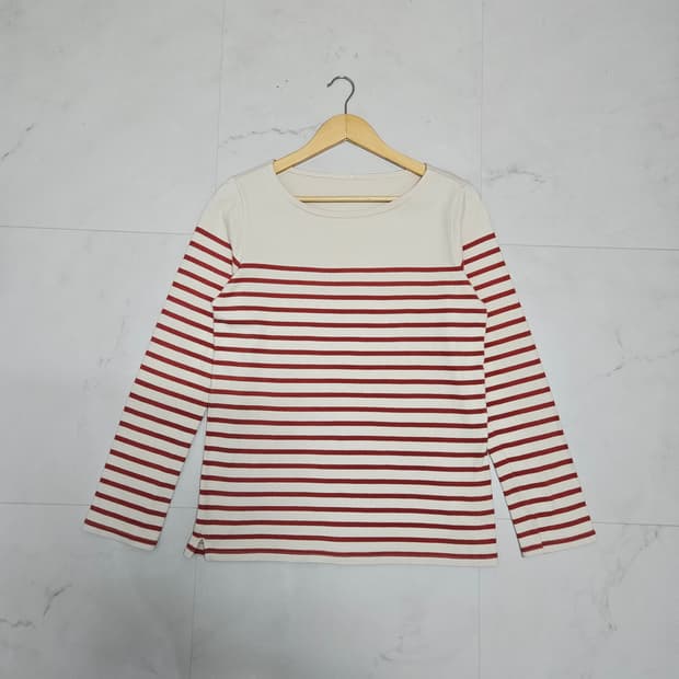 여성 무인양품 보트넥 스트라이프 티셔츠 오렌지 아이보리