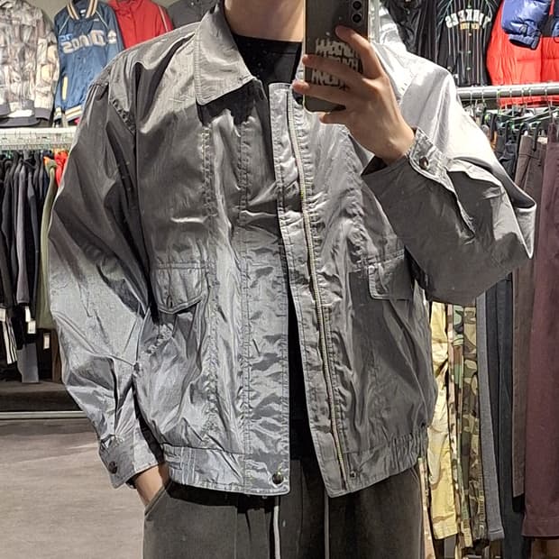빈티지 JP 실버 유광 메탈릭 히든지퍼 카라넥 스윙톱 캐주얼자켓 L