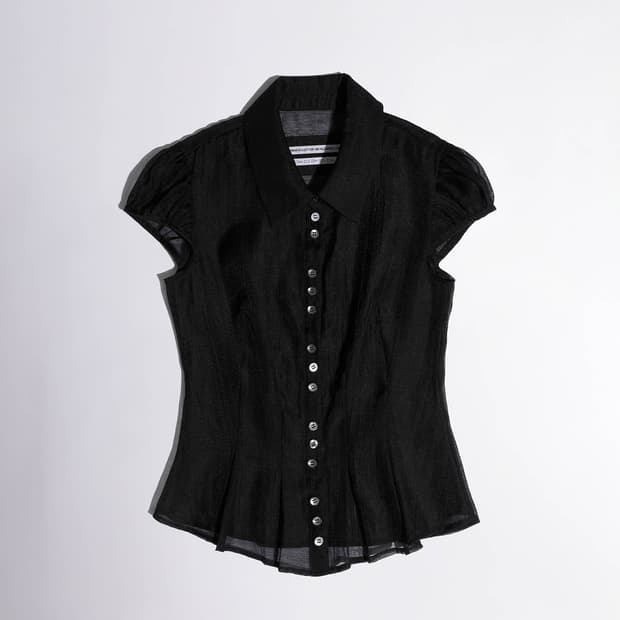 (M) 스컬프터 Sheer Pleated Hem Blouse Black