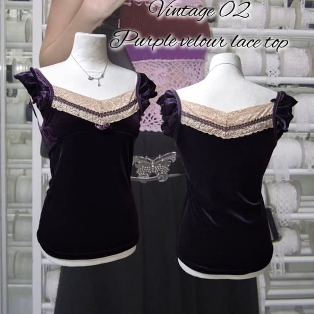 빈티지 퍼플 벨벳 레이스 탑 