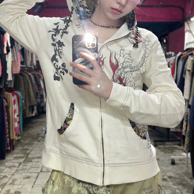 일본 빈티지 오리엔탈 용 프린팅 후드집업 후드티 아우터