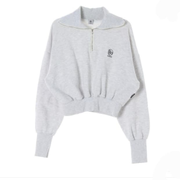 Ronron론론 화이트 오트밀 로고 하프집업 카라 크롭 맨투맨