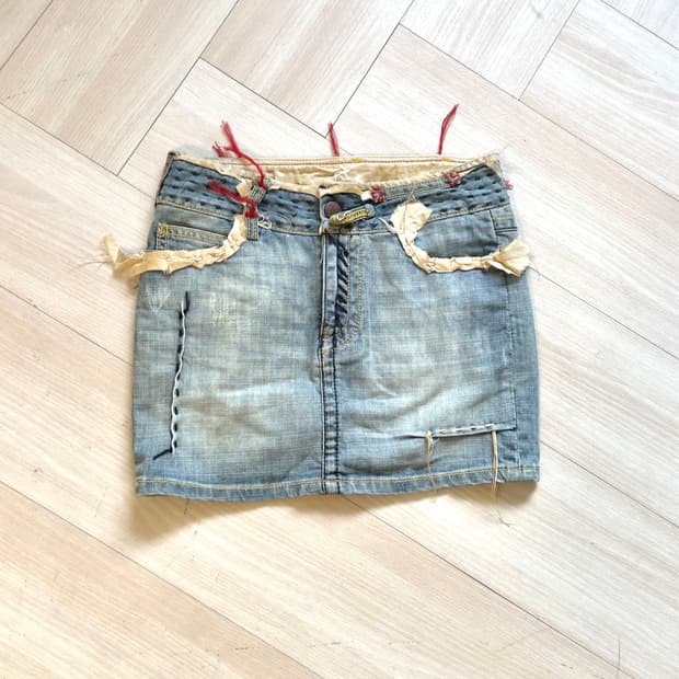 [ELVIS] patch stitch denim mini skirt