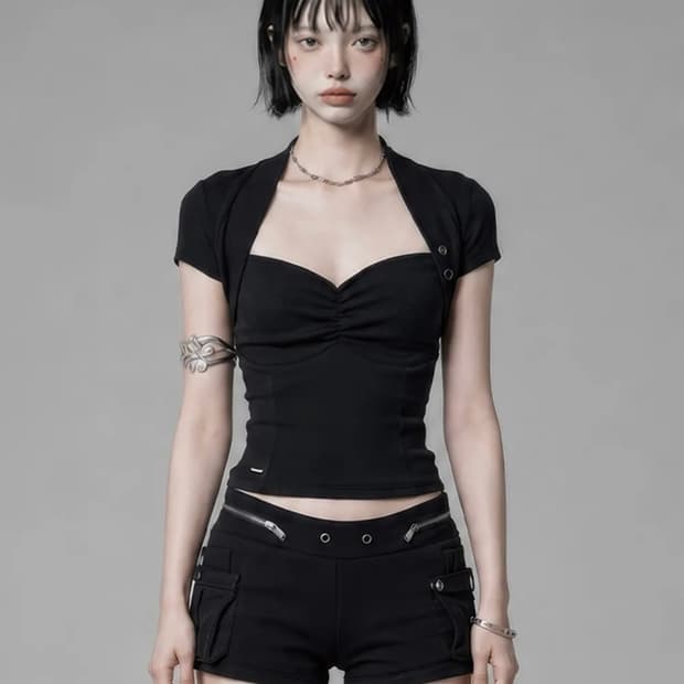 [새상품] 에트오소메 셔링 아일렛 볼레로 탑 블랙