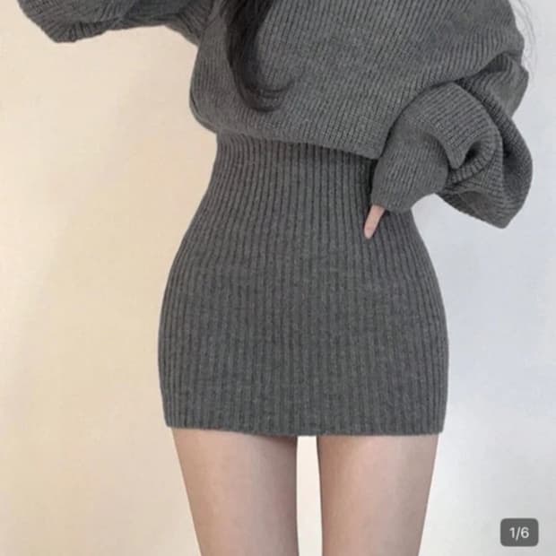 골지 니트 오프숄더 미니 원피스