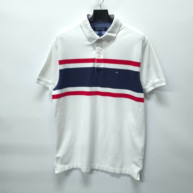 타미힐피거 남성 빅플래그 배색 반팔 카라티 (100)