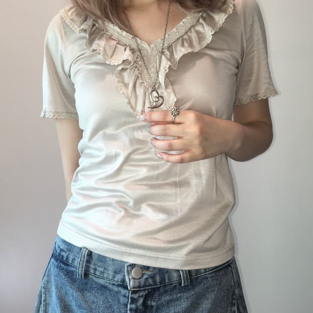 jpn vintage beige ruffle crochet half t 