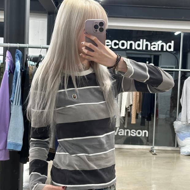 베이프 에이프 헤드 원 포인트 스트라이프 롱슬리브 티셔츠