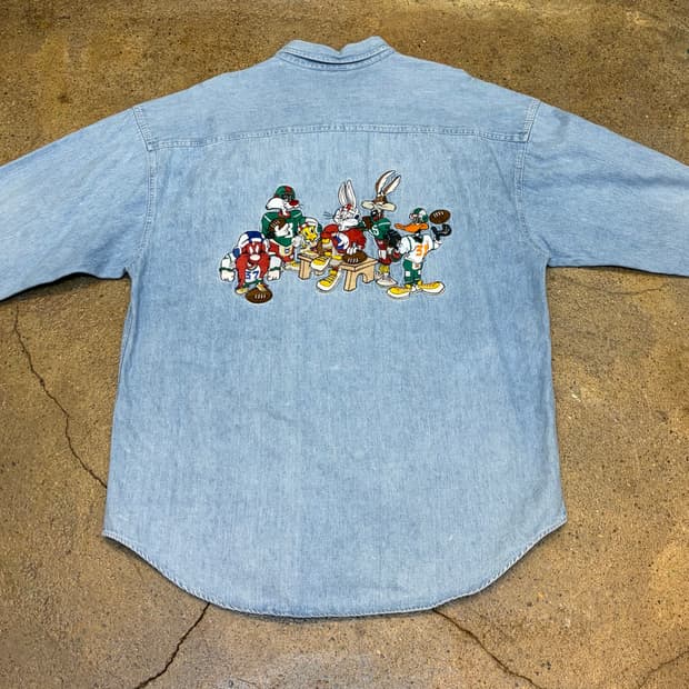 90s 미국 빈티지 루니툰즈 워너브라더스 연청 청남방 데님셔츠