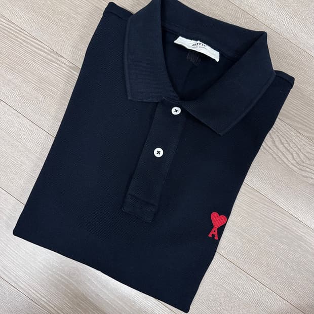 ami 아미 스몰 하트 로고 폴로 셔츠 카라티 피케티 블랙 L 사이즈