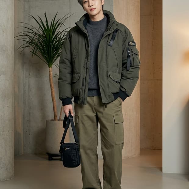 내셔널지오그래픽 유틸리티 덕다운 숏패딩 차콜