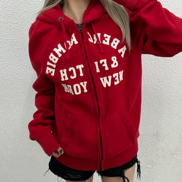 아베크롬비 센터로고 레드 후드집업 XL