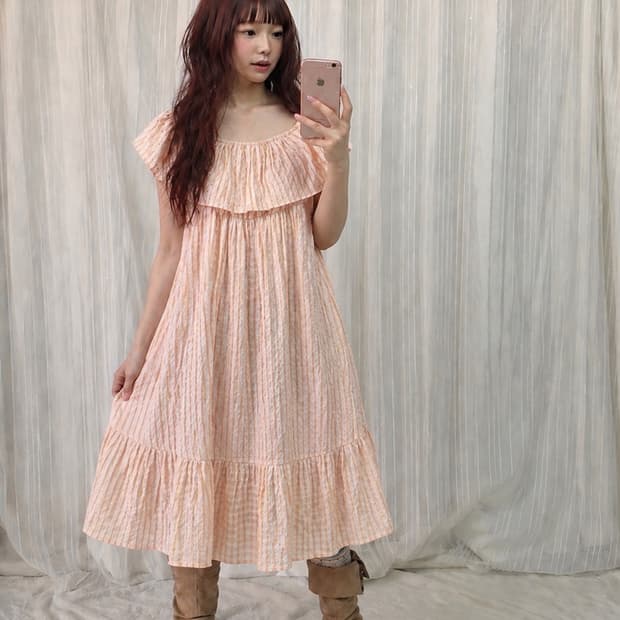 빈티지 오렌지 체크 원피스