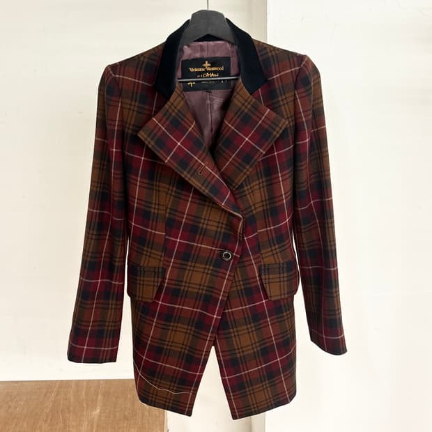 비비안 웨스트우드 버건디 체크 울 블레이저 자켓