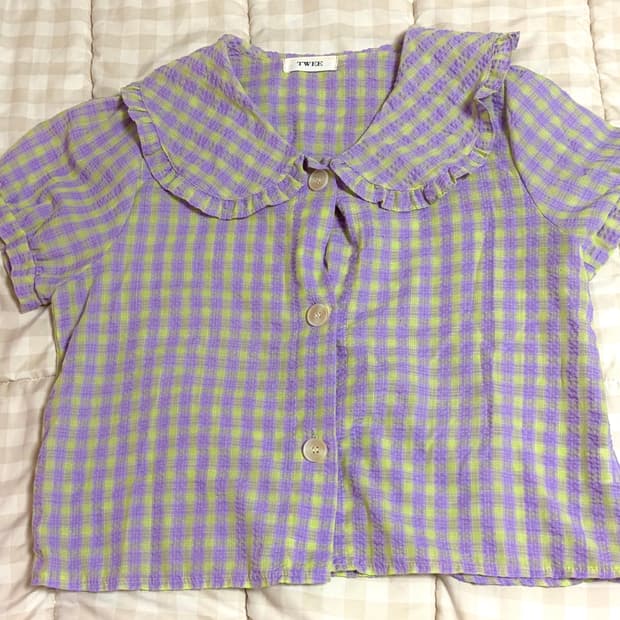 빈티지 연두+연보라 체크 블라우스