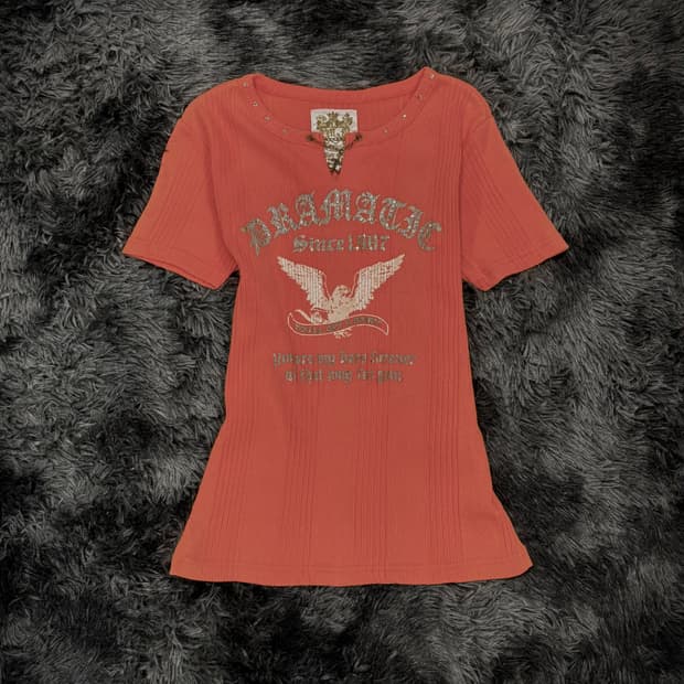 오렌지 이글 프린팅 체인 레이어링 골지 반팔 티셔츠