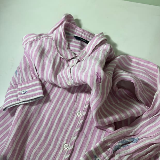 우먼M 헤지스 파스텔핑크 린넨100% 스트라이프 린넨셔츠