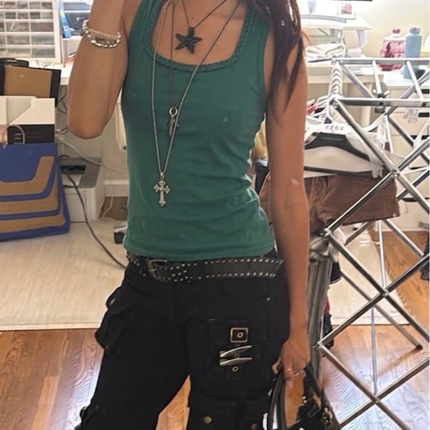 갸루Y2K st 에메랄드 크로스스트링 슬리브리스 탱크탑