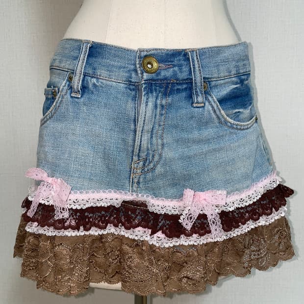레이스 디테일 데님 스커트 라떼갸루 히메갸루