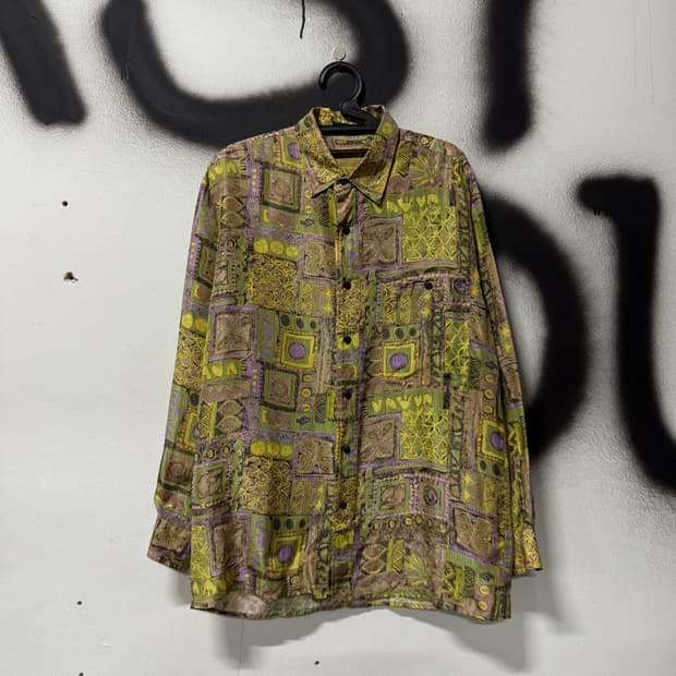 VTG 빈티지 100% 실크 바로크 에스닉 풀 패턴 긴팔 셔츠