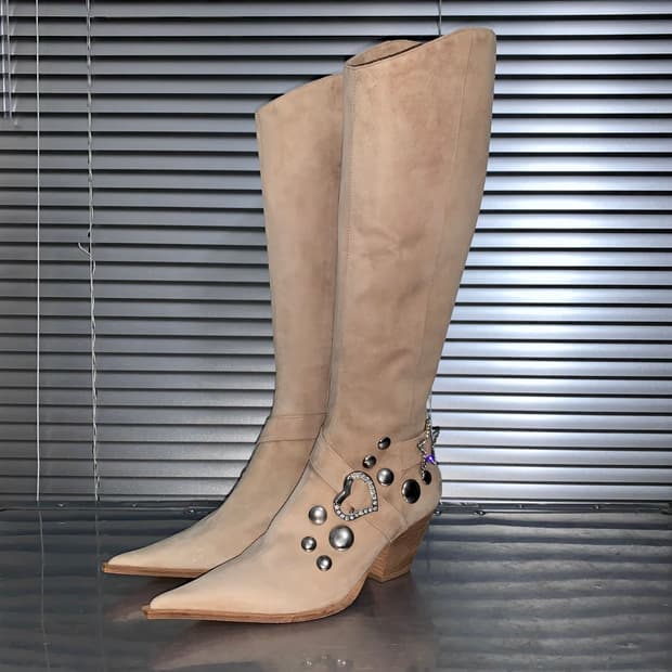 00s ORO 스웨이드 블링 버클 롱 웨스턴 포인트 부츠