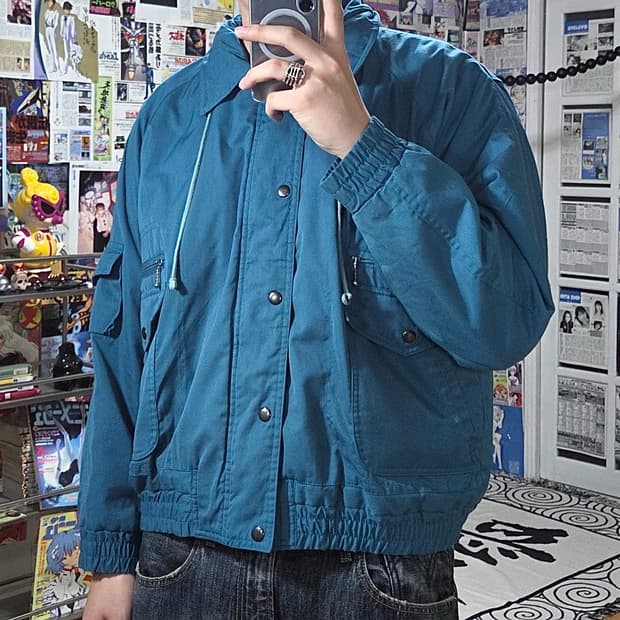 JPN 피콕 블루 누빔 오버핏 코튼 봄버 점퍼