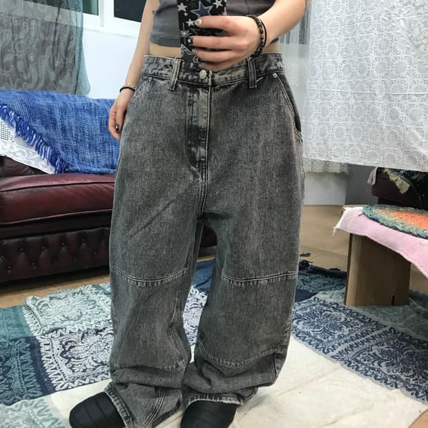 Litail 빈티지 더블니 흑청데님팬츠