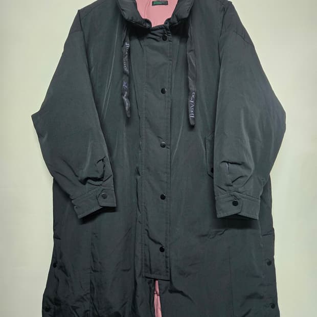 베네통 블랙 구스 롱 패딩 코트 44 모자X