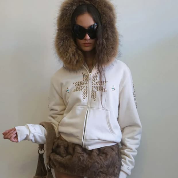 Fur Trimming Hooded Zip-Up Dirty White 