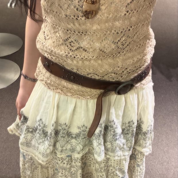 Vintage 패턴 스터드 웨스턴 브라운 가죽벨트