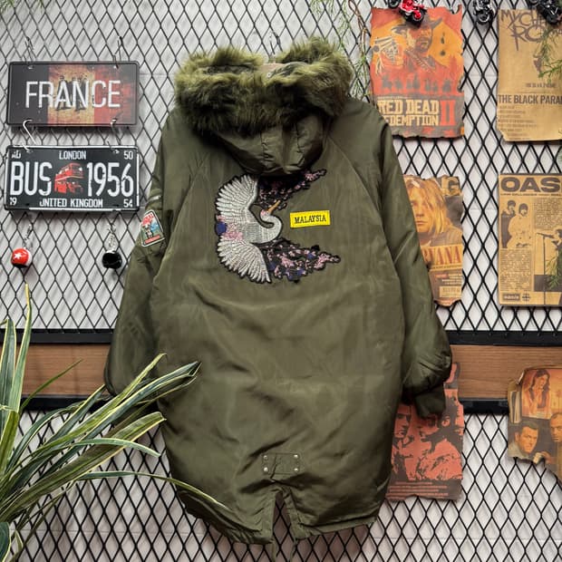 90s JPN VINTAGE 오리지널 자수 패치 후드 퍼 파카 카키