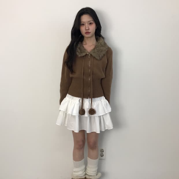 Vintage Fur Collar pom Zip up Cardigan