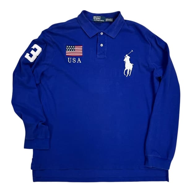 2XL) 폴로 랄프로렌 USA 빅포니 성조기 자수 카라 긴팔티 T-125