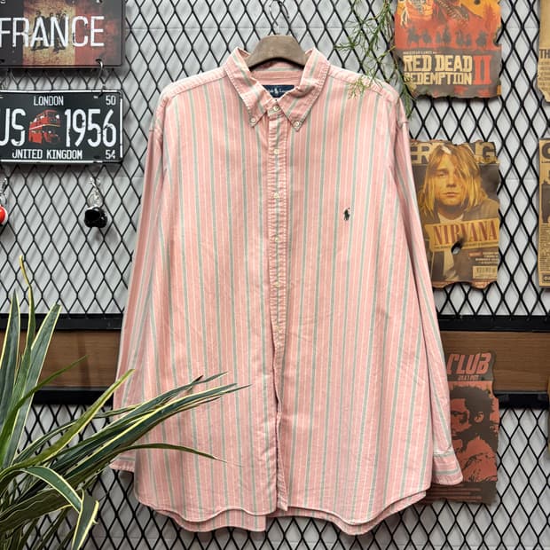 폴로 랄프로렌 스트라이프 긴팔 셔츠 네이비 포니 로고 포인트 핑크