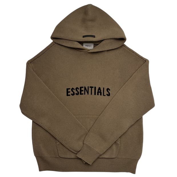 에센셜 피어오브갓 카키 브라운 더스트 빅 로고 니트 풀오버 후드티 S