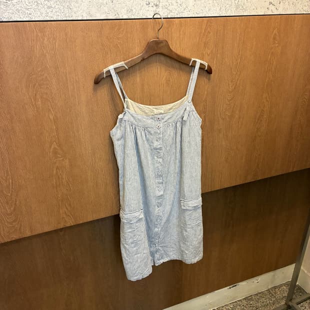 빈티지 슬리브리스 원피스 스트라이프 버튼 디테일 스카이 블루 k319