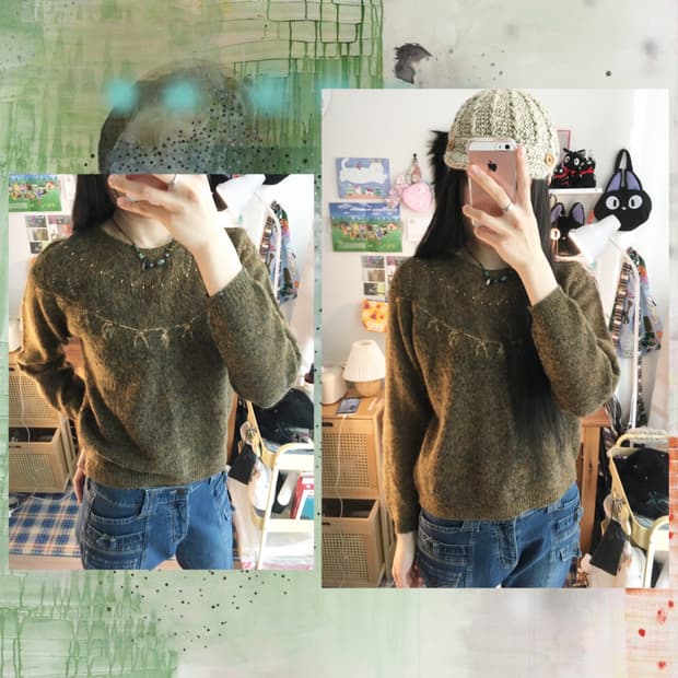 vintage antique pattren round knit olive