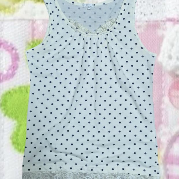 빈티지 모리걸 땡땡이 도트 레이스 나시 블라우스 슬리브리스