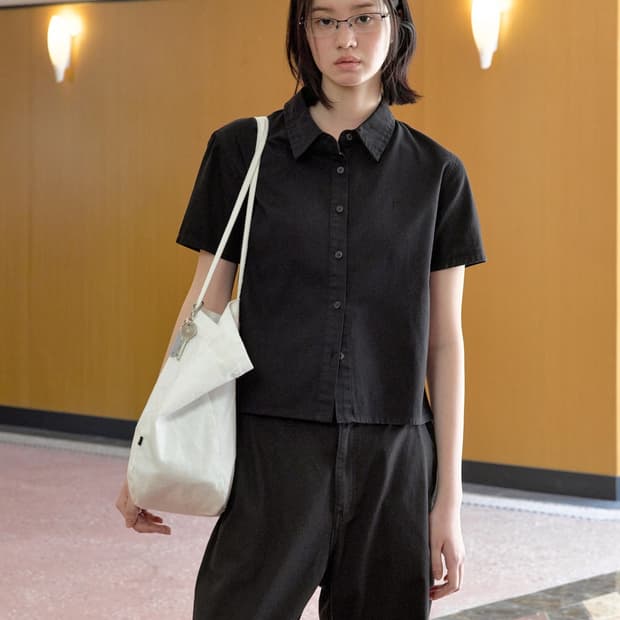 Cotton Button 1/2 Sleeve Shirt Black