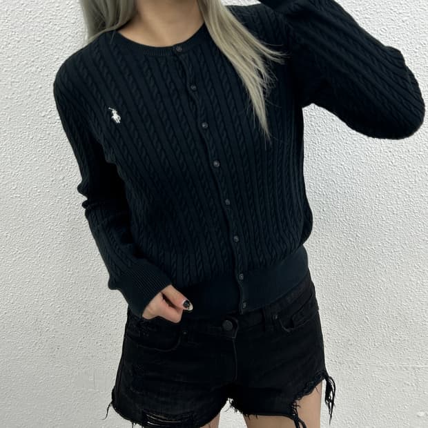 폴로 랄프로렌 화이트포니 블랙 꽈배기 가디건 XL