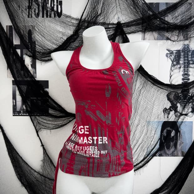 Evisu printing shirring sleeveless