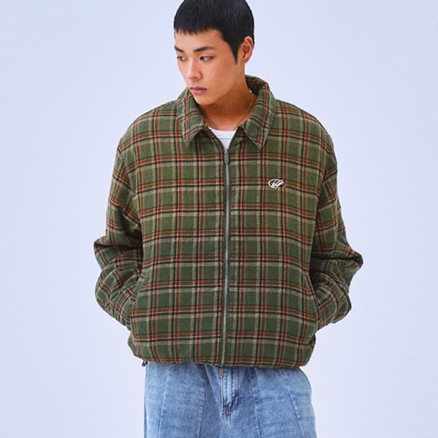 트래블 스프레이 체크 라이트 패딩 자켓 그린
