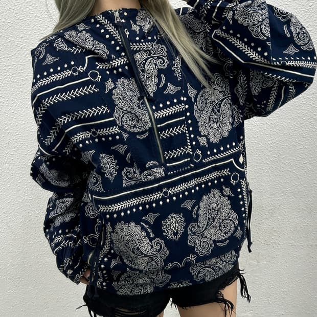 일제 예스터데이스 투모로우 네이비 반다나 후드 반집업 자켓 M