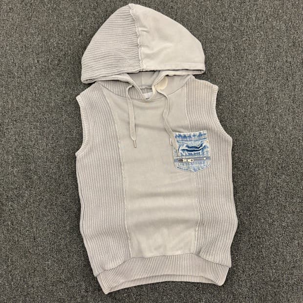 M)Roger And Raw 빈티지 데님 포켓 니트&코튼 후드 조끼베스트