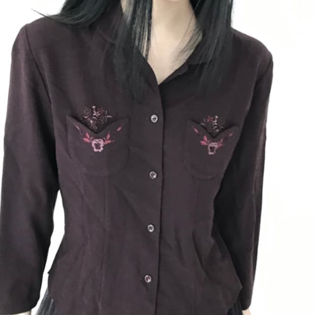 빈티지 꽃 자수 카라 주머니 퍼플 셔츠