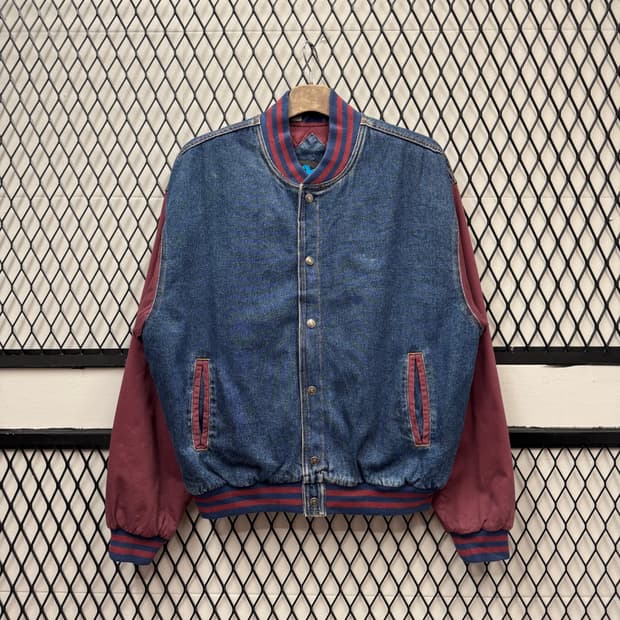 USA VTG 90s 빈티지 데님 바시티 버건디 배색 워크 자켓