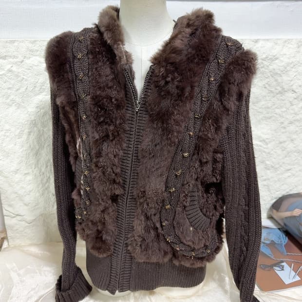 빈티지 커피브라운 토끼털 후드집업 니트자켓