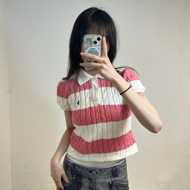Polo cable stripe collar knit